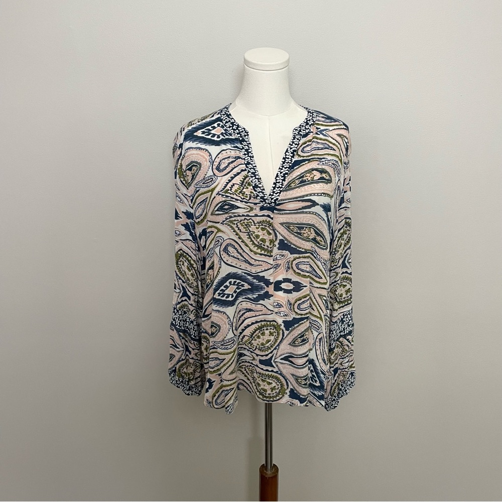 Fever Tunic Top Coverup Split Neck Lightweight Paisley Floral Blue Pink Travel
